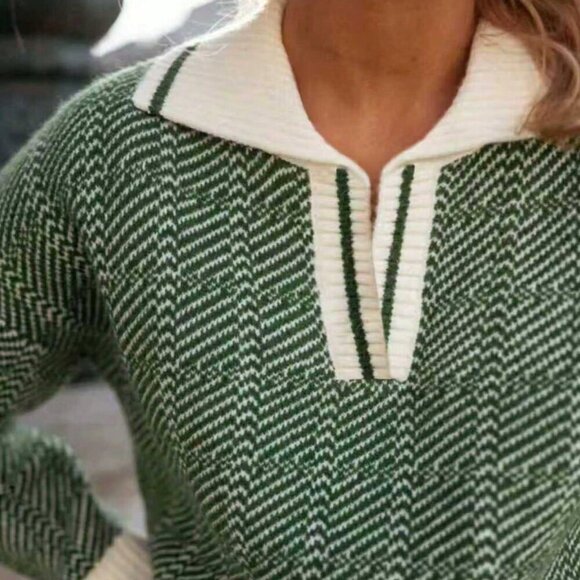 Green Casual Women's Knitted Long-Sleeved V-Neck Pullover sweater top - Picture 3 of 5
